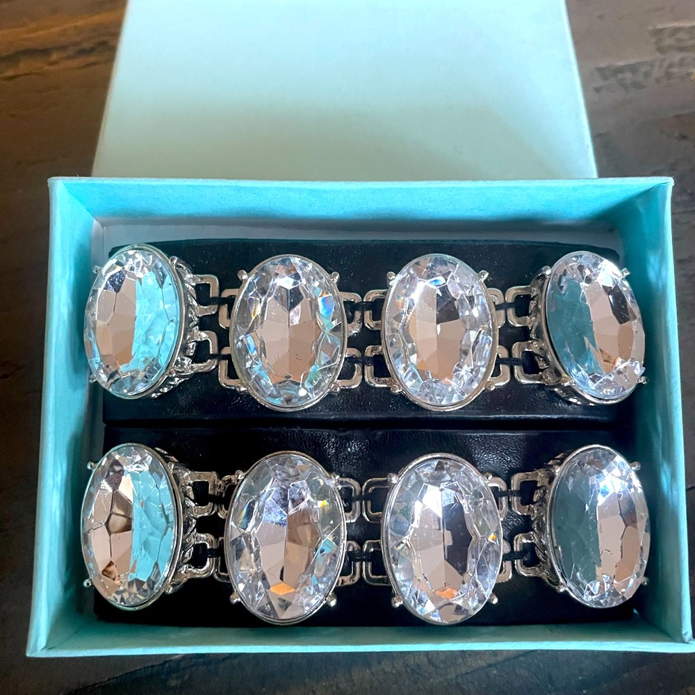 2 Leather Cuff Bracelets Large White Rhinestone
